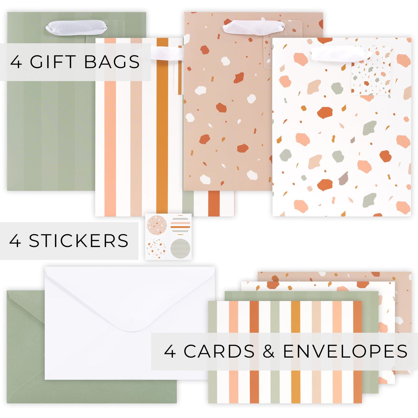 Beautiful Gift Bags Set of 4 - Medium Sized 9" Bags with Handles incl. Matching Tissue Paper, Cards & Small Stickers - Reusable & For Presents of Any Birthday, Weddings, Mothers Day & Other Occasion