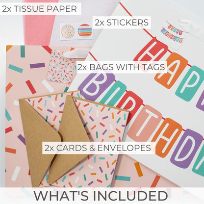 ZICOTO Beautiful Birthday Gift Bags Set of 2 - Large 16" Bags with Handles incl. Matching Tissue Paper, Cards & Stickers - Reusable and Perfect For Presents…