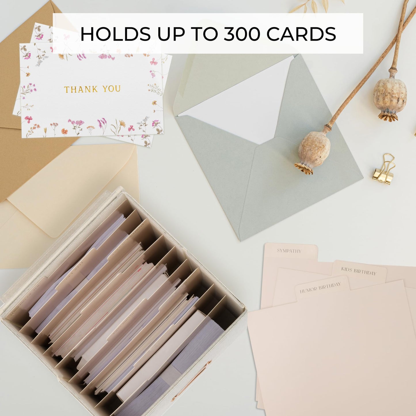ZICOTO Beautiful Greeting Card Organizer Box With Dividers - Sturdy Linen Storage Box Easily Organizes All Your Greeting Cards in Style - Cute Card Holder Safely Stores Up to 300 Small Or Large Cards
