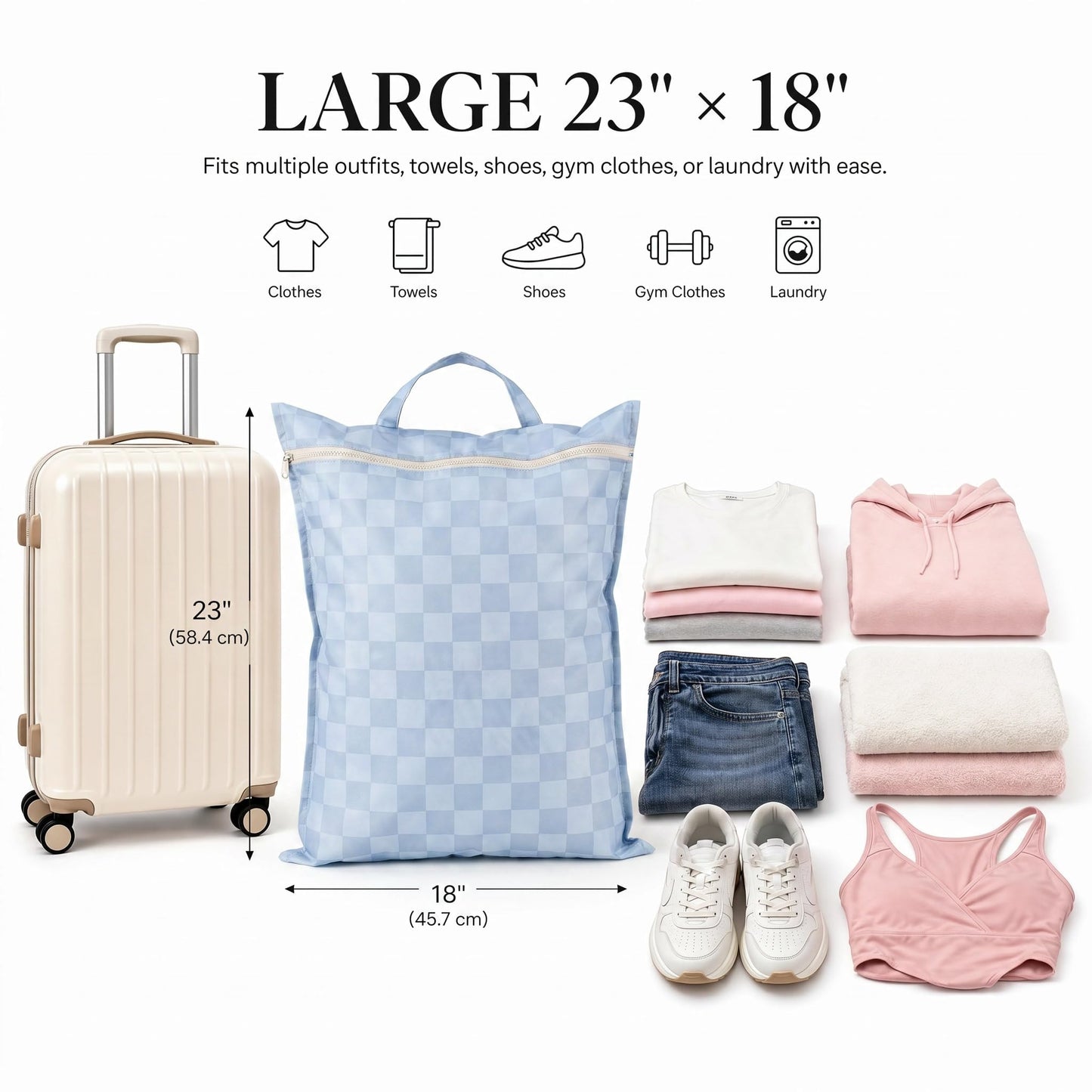 ZICOTO Stylish Travel Laundry Bags for Women - Set of 2 Waterproof Wet Bags, Ideal for Dirty Clothes, Wet Swimsuits and More - Charming Checkered Wet Dry Bag with Zipper and Handle for Beach and Pool