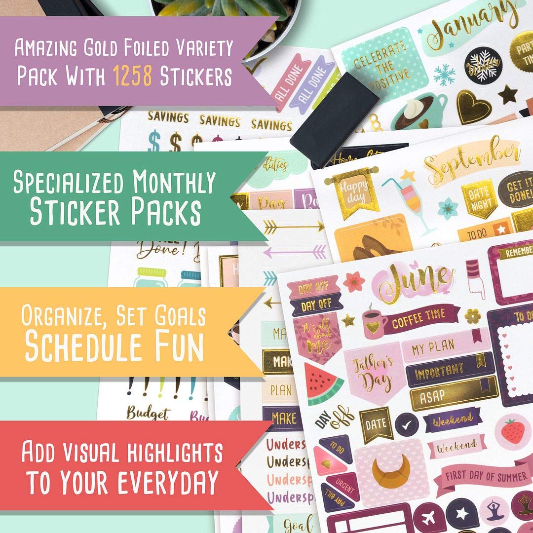 Aesthetic Gold Foil Planner Stickers - 1250+ Stunning Design Accessories Enhance and Streamline Your Planner, Journal and Calendar