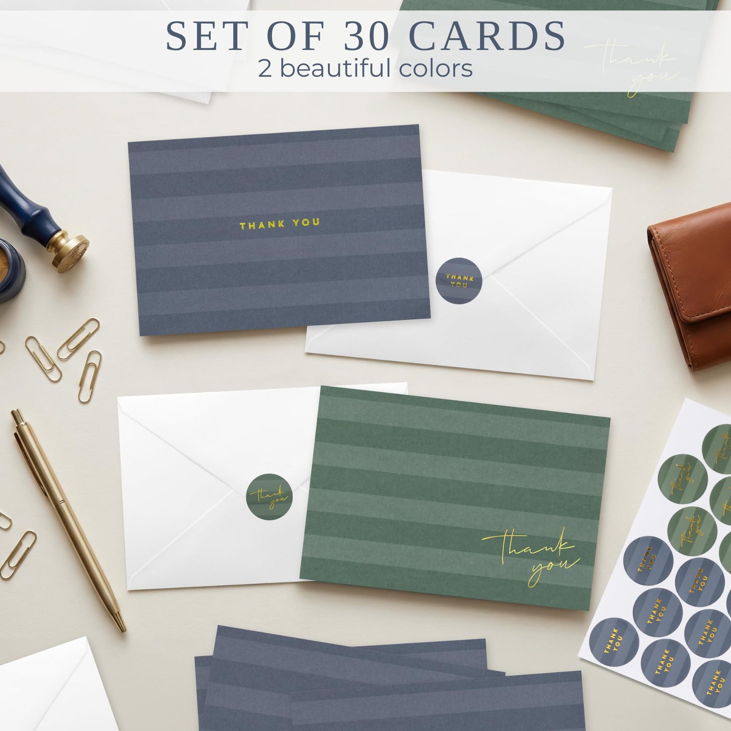 Beautiful Striped Thank You Cards Set of 30 With Envelopes and Stickers - Elegant Blank Cards For Personalized Notes - Perfect Bulk Stationary Set For All Occasions incl. Weddings, Business & Baby Showers