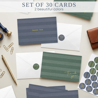 Beautiful Striped Thank You Cards Set of 30 With Envelopes and Stickers - Elegant Blank Cards For Personalized Notes - Perfect Bulk Stationary Set For All Occasions incl. Weddings, Business & Baby Showers