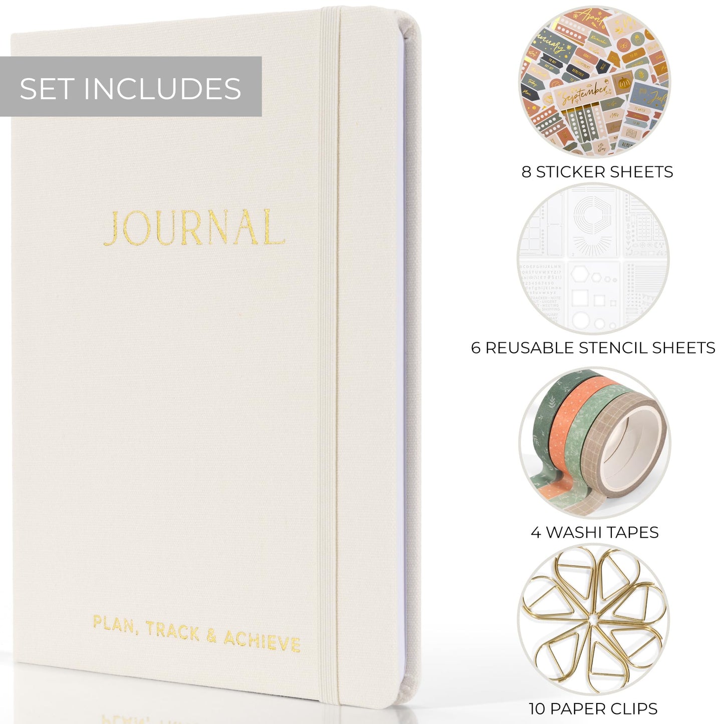 ZICOTO Ultimate All-in-One Journaling Kit - Incl. Journal Notebook With Linen Hardcover and Dotted Pages, Stencils, Stickers, Washi Tapes, Paper Clips and More Bullet Checklist Supplies