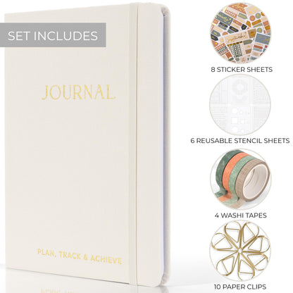 ZICOTO Ultimate All-in-One Journaling Kit - Incl. Journal Notebook With Linen Hardcover and Dotted Pages, Stencils, Stickers, Washi Tapes, Paper Clips and More Bullet Checklist Supplies