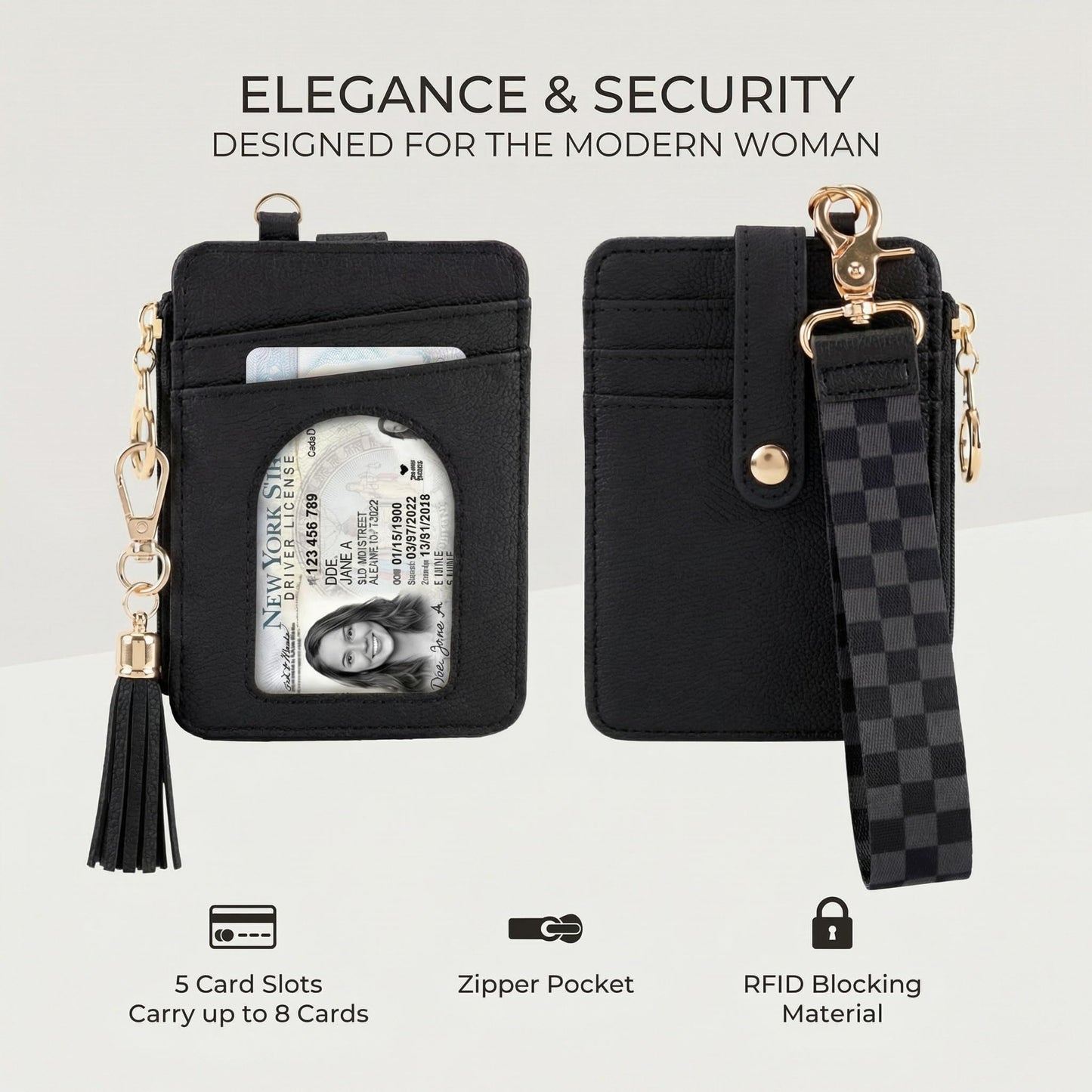 Stylish Wristlet Wallet for Women - Slim Design Credit Card Holder w/ Plenty of Storage incl. Clear ID Window & Zipper Pocket - Easy Carry RFID Blocking Keychain Wallet w/ Tassel, Lanyard & Gold Rings