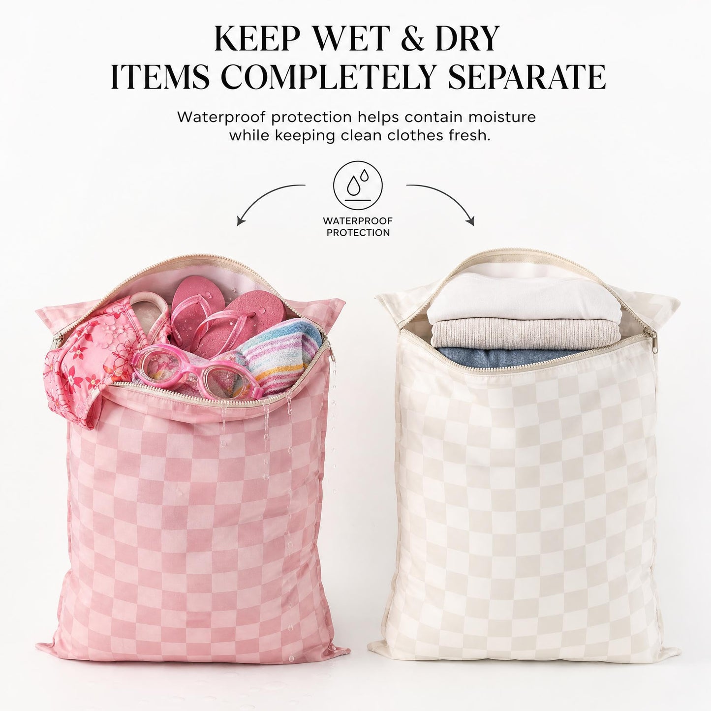 ZICOTO Stylish Travel Laundry Bags for Women - Set of 2 Waterproof Wet Bags, Ideal for Dirty Clothes, Wet Swimsuits and More - Charming Checkered Wet Dry Bag with Zipper and Handle for Beach and Pool