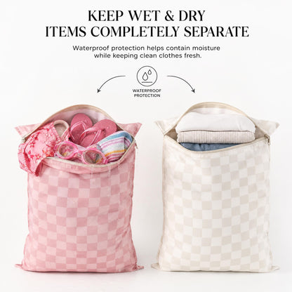 ZICOTO Stylish Travel Laundry Bags for Women - Set of 2 Waterproof Wet Bags, Ideal for Dirty Clothes, Wet Swimsuits and More - Charming Checkered Wet Dry Bag with Zipper and Handle for Beach and Pool