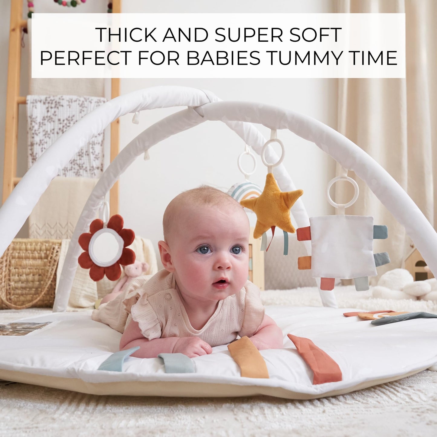 Beautiful Baby Play Gym and Tummy Time Mat - Soft Cotton Mat with 4 Cute Toys & Cards Creates The Perfect Activity Area for Your Girl/Boy - Stylish Infant Floor Playmat for Any Playroom Decor