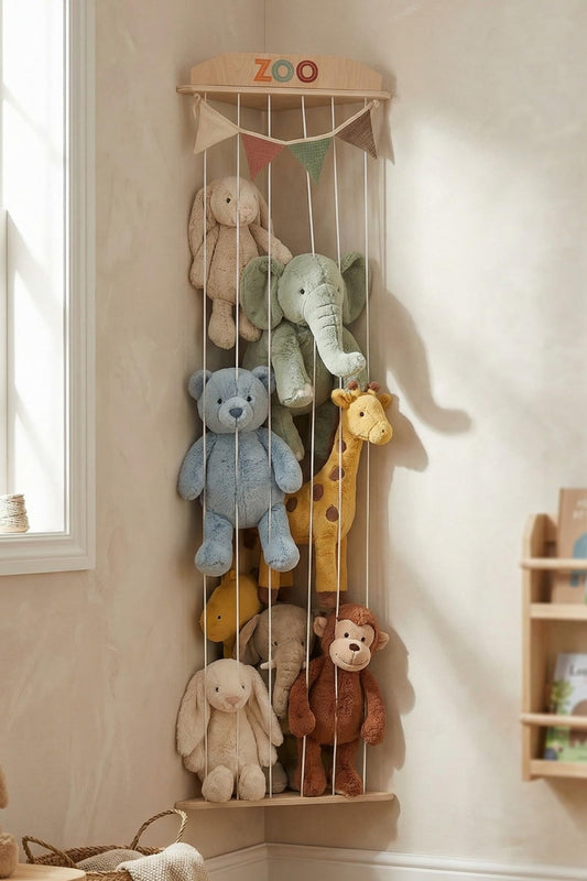Stuffed Animal Storage Zoo with Decorative Muslin Garland - Wooden Toy Storage Organizer for Kids Playroom or Nursery - Easy to Assemble Corner Wall Holder