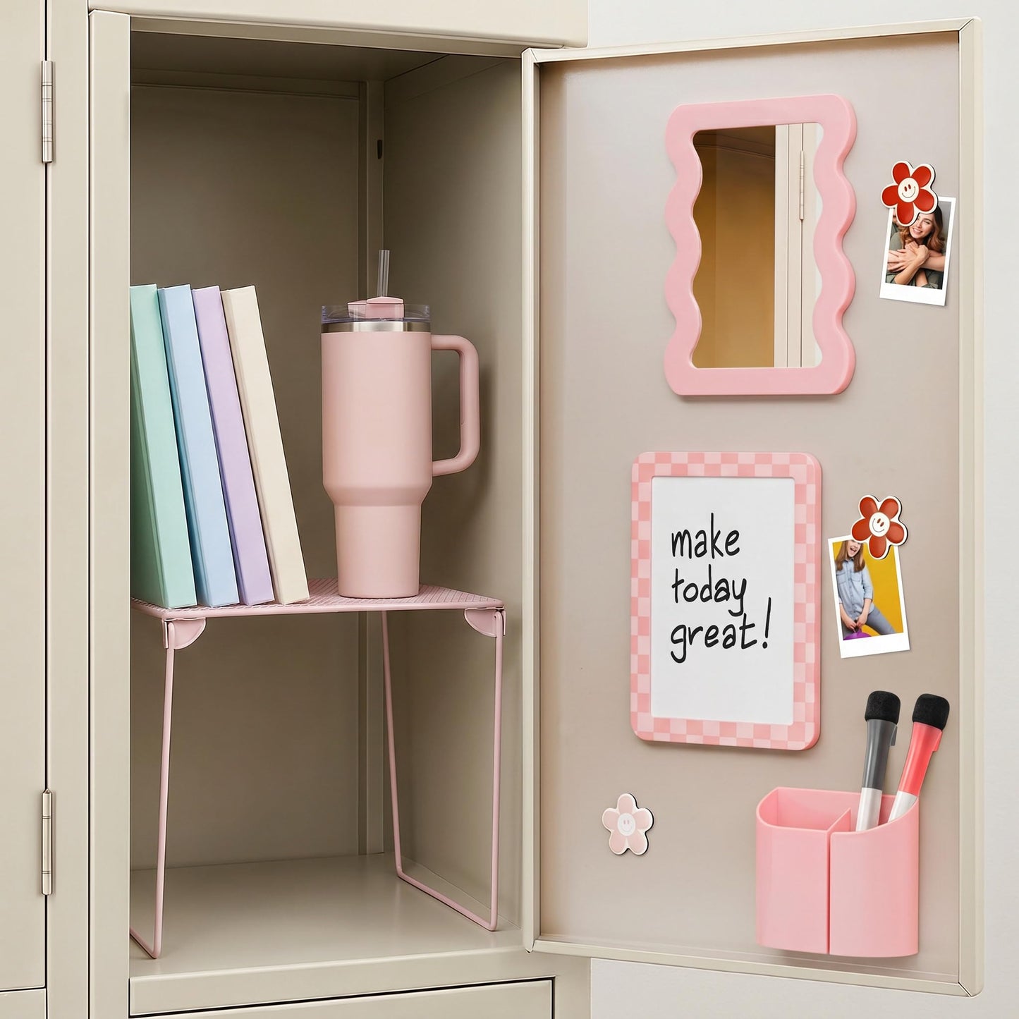 Stylish Locker Accessories Kit - Includes Shelf, Mirror, Whiteboard, Pen Holder, Cute Flower Magnets & Marker Set - All-in-One School Locker Decor & Organizer Set to Brighten Up Your School Day