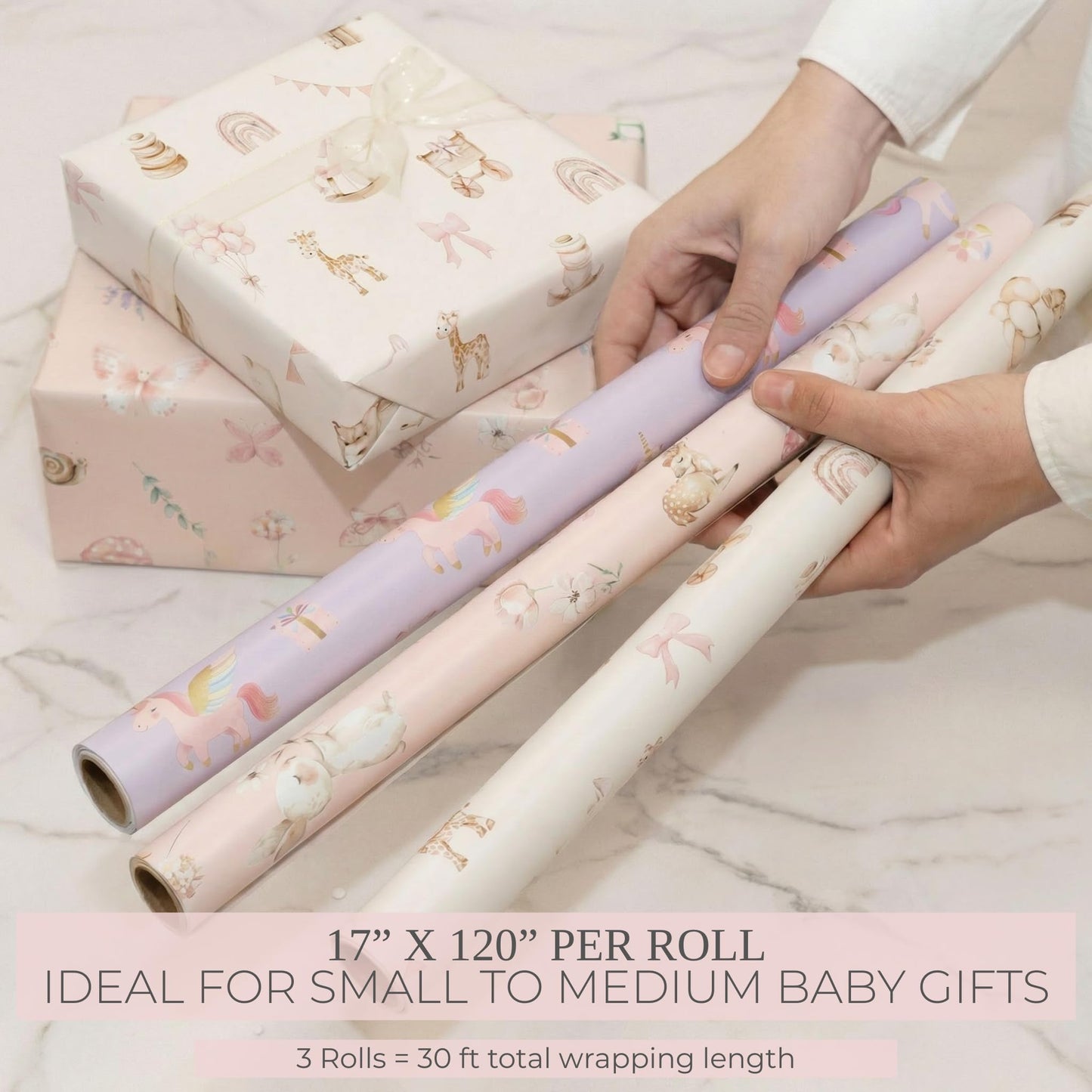 ZICOTO Beautiful Gift Wrapping Paper Rolls for Baby Shower - Cute Set of 3 Quality Rolls For Woodland Baby Shower - Add a Touch of Magic to Every Gift You Wrap - 17 x 120 in