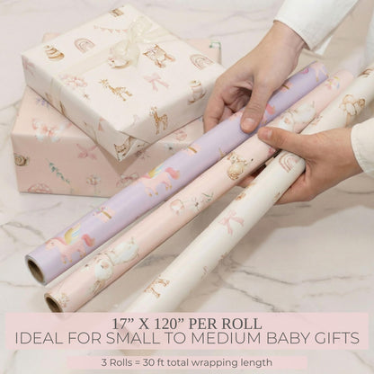 ZICOTO Beautiful Gift Wrapping Paper Rolls for Baby Shower - Cute Set of 3 Quality Rolls For Woodland Baby Shower - Add a Touch of Magic to Every Gift You Wrap - 17 x 120 in