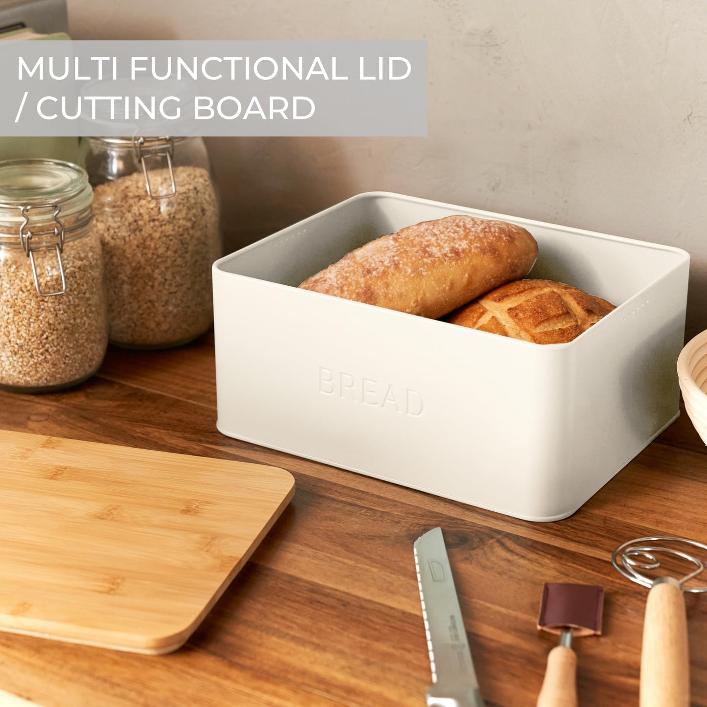 ZICOTO Beautiful Bread Box With Wooden Lid For Your Kitchen Countertop - Spacious Container Perfectly Stores Your Homemade Bread, English Muffins & Bagels - Quality Cutting Board Lid Keeps Loaf Fresh