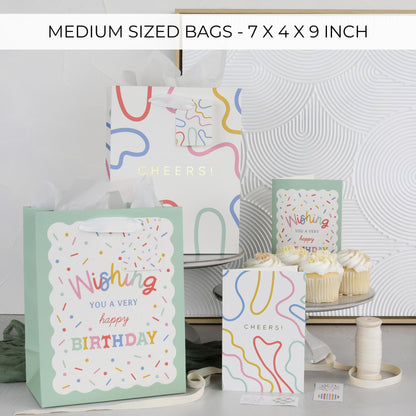 Beautiful Gift Bags Set of 4 - Medium Sized 9" Bags with Handles incl. Matching Tissue Paper, Cards & Small Stickers - Reusable & For Presents of Any Birthday, Weddings, Mothers Day & Other Occasion