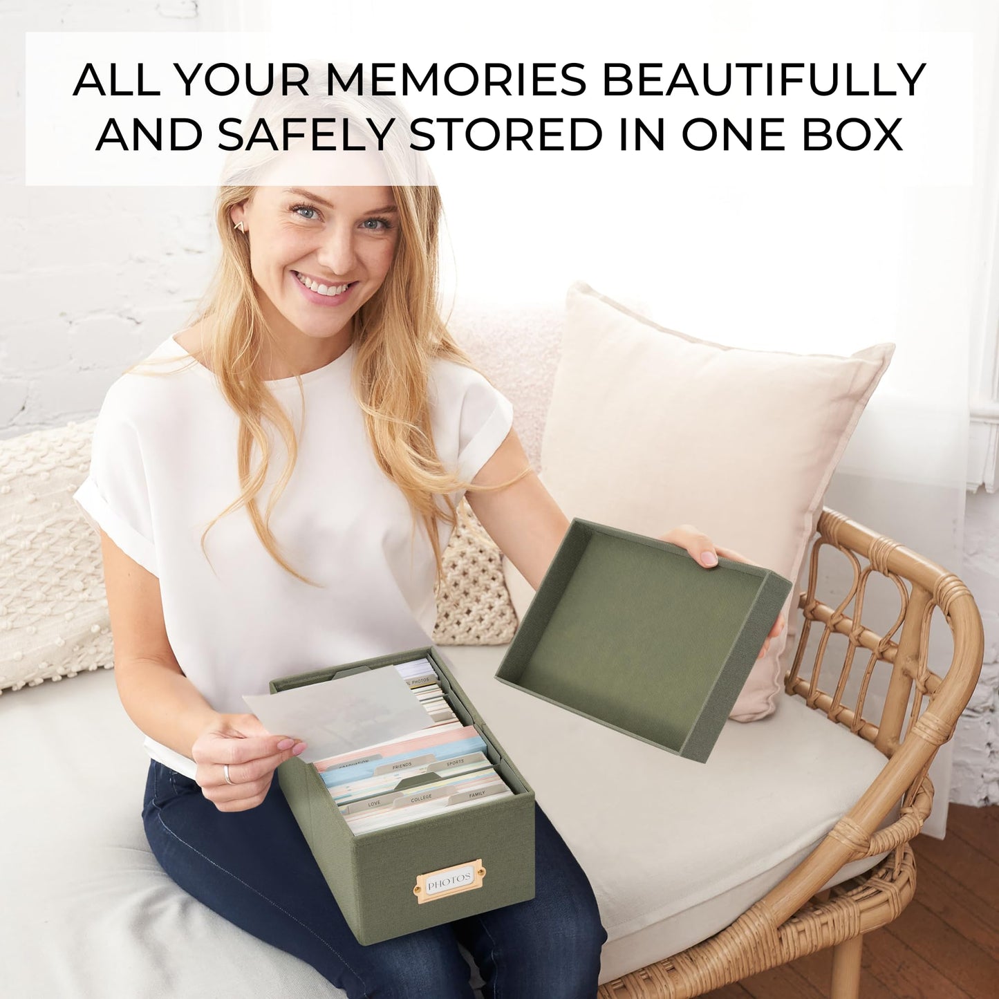 ZICOTO Decorative Photo Storage Box - Sturdy Linen Photo Organizer with Dividers is Perfect to Store Up to 850 Pictures and 4x6 Photos - Portable Scrapbook Storage Containers with Lid