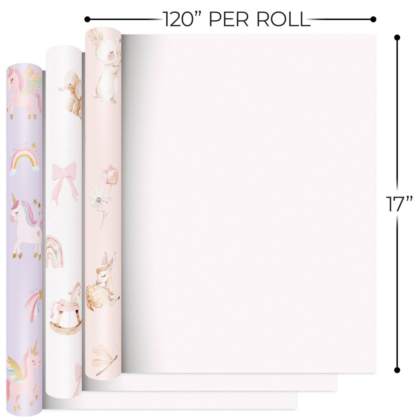 ZICOTO Beautiful Gift Wrapping Paper Rolls for Baby Shower - Cute Set of 3 Quality Rolls For Girls Birthdays & Baby Showers - Add a Touch of Magic to Every Gift You Wrap - 17 x 120 in