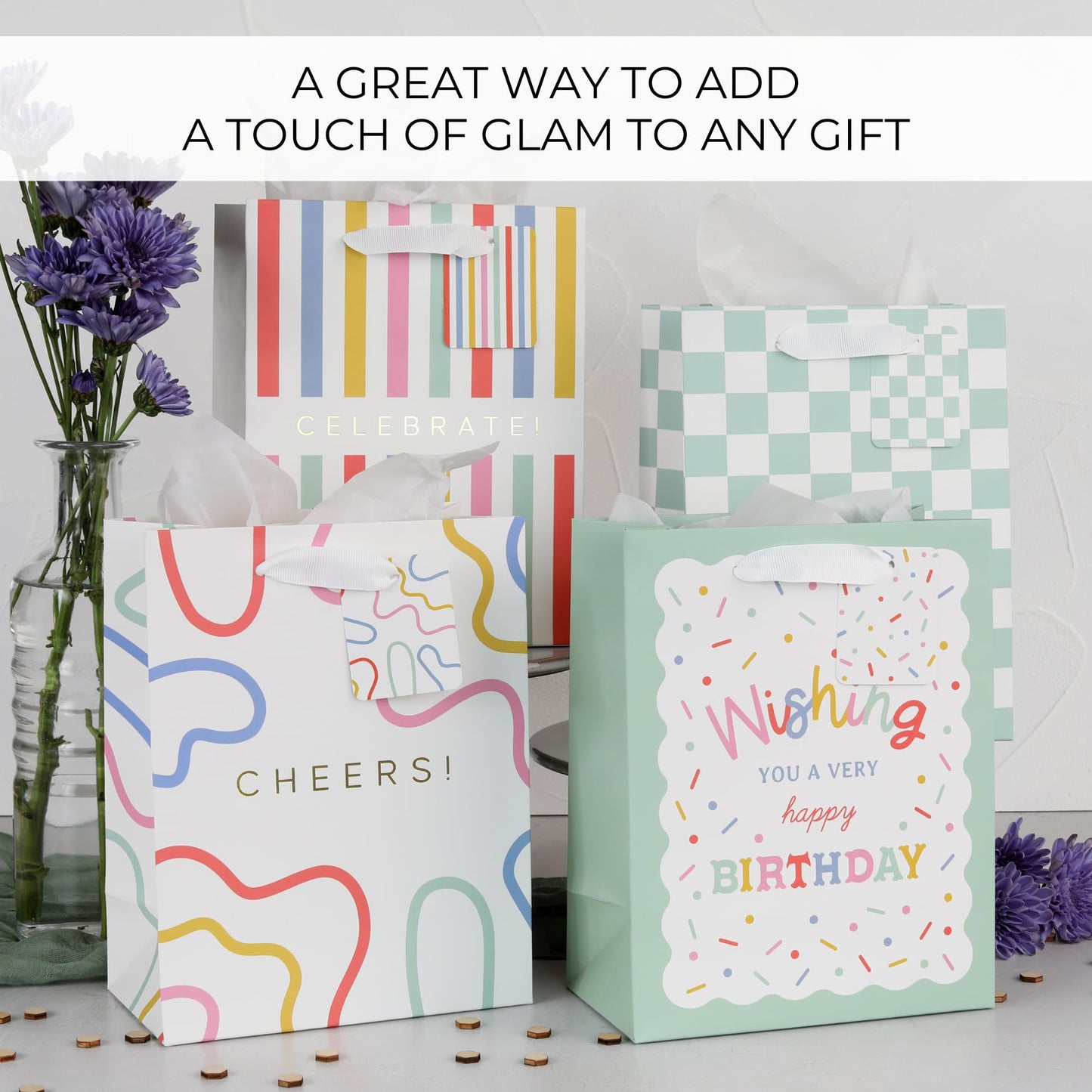 Beautiful Gift Bags Set of 4 - Medium Sized 9" Bags with Handles incl. Matching Tissue Paper, Cards & Small Stickers - Reusable & For Presents of Any Birthday, Weddings, Mothers Day & Other Occasion