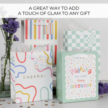 Beautiful Gift Bags Set of 4 - Medium Sized 9" Bags with Handles incl. Matching Tissue Paper, Cards & Small Stickers - Reusable & For Presents of Any Birthday, Weddings, Mothers Day & Other Occasion