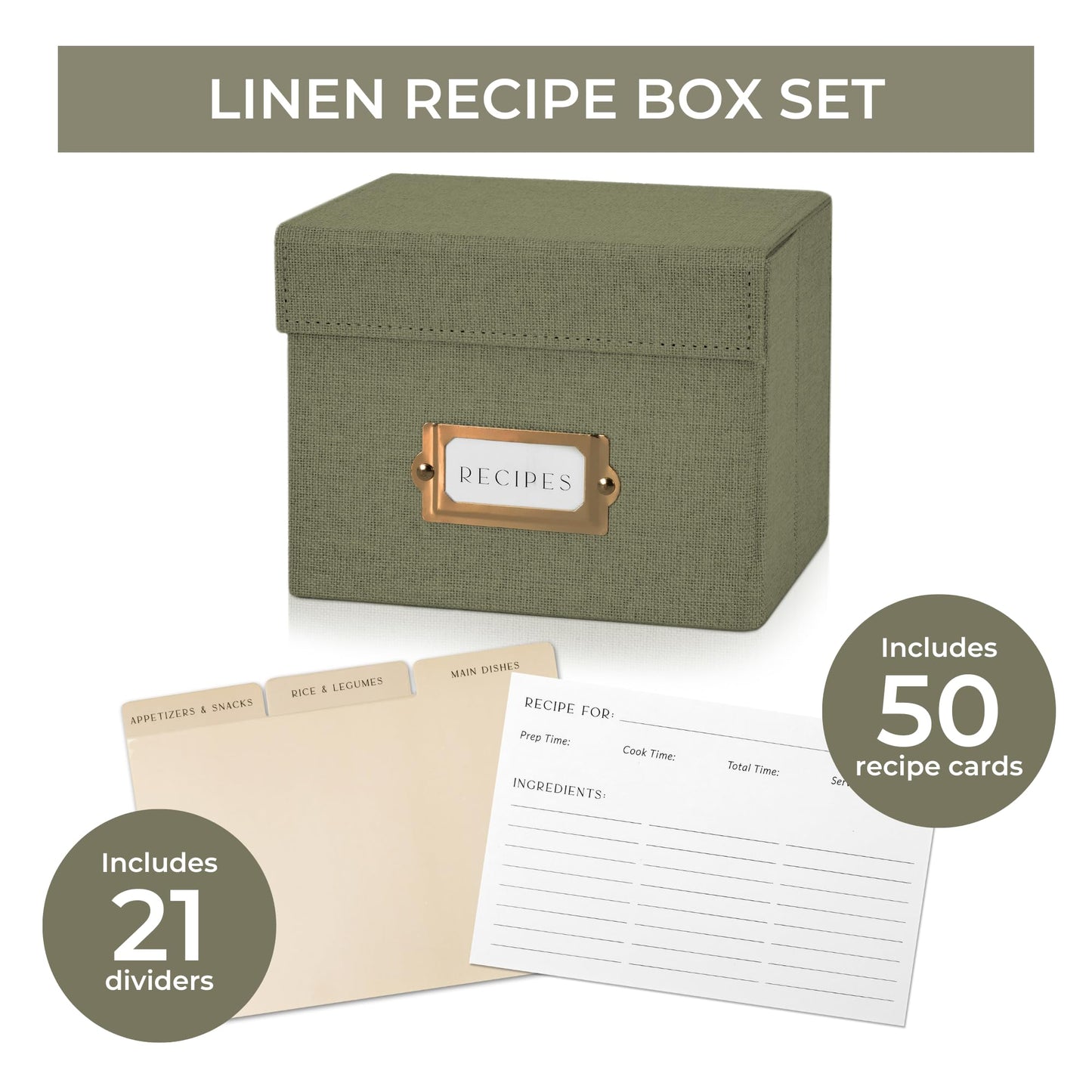 Beautiful Linen Recipe Box Set - Incl. 50x 4x6 inch Recipe Cards and Matching Dividers to Easily Organize Up to 250 Recipes - A Sturdy Card Holder And Great Gift that Perfectly Fits into Any Kitchen