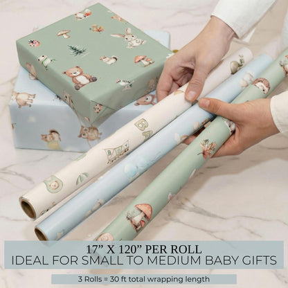 ZICOTO Beautiful Gift Wrapping Paper Rolls for Baby Shower - Cute Set of 3 Quality Rolls For Woodland Baby Shower - Add a Touch of Magic to Every Gift You Wrap - 17 x 120 in
