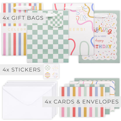 Beautiful Gift Bags Set of 4 - Medium Sized 9" Bags with Handles incl. Matching Tissue Paper, Cards & Small Stickers - Reusable & For Presents of Any Birthday, Weddings, Mothers Day & Other Occasion