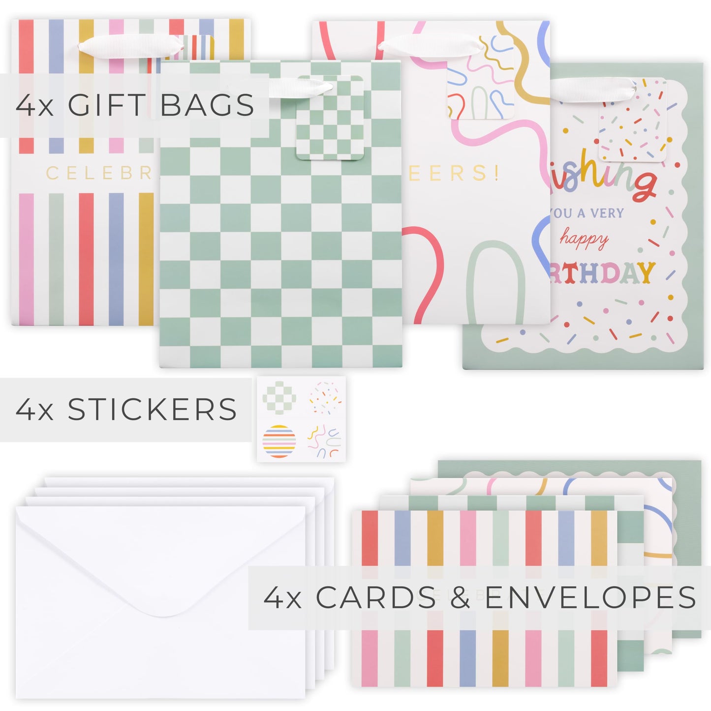 Beautiful Gift Bags Set of 4 - Medium Sized 9" Bags with Handles incl. Matching Tissue Paper, Cards & Small Stickers - Reusable & For Presents of Any Birthday, Weddings, Mothers Day & Other Occasion