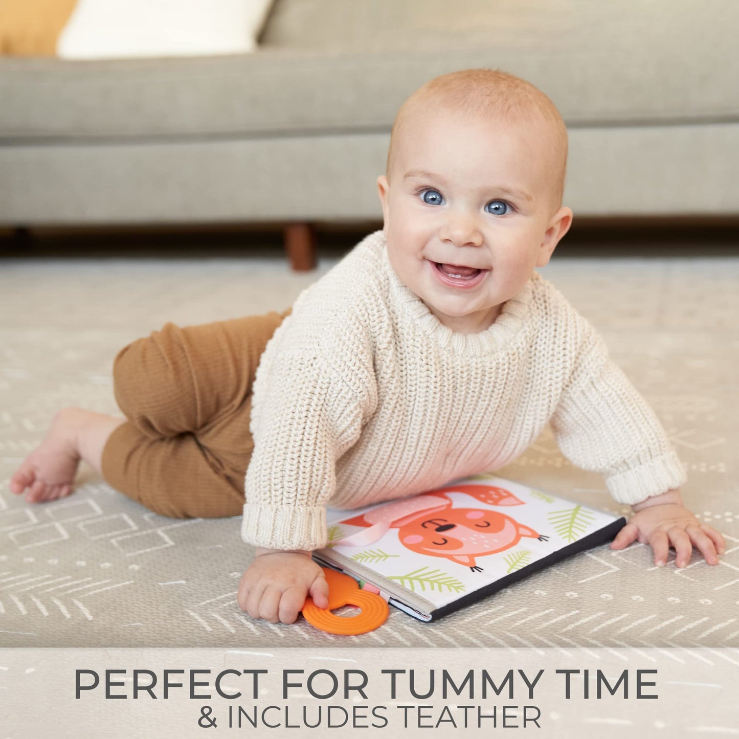 ZICOTO Soft Tummy Time Book with Large Stimulating Baby Safe Mirror - High Contrast Montessori Sensory Developmental Toy for Newborn/Infant 0-3 & 3-6 Months