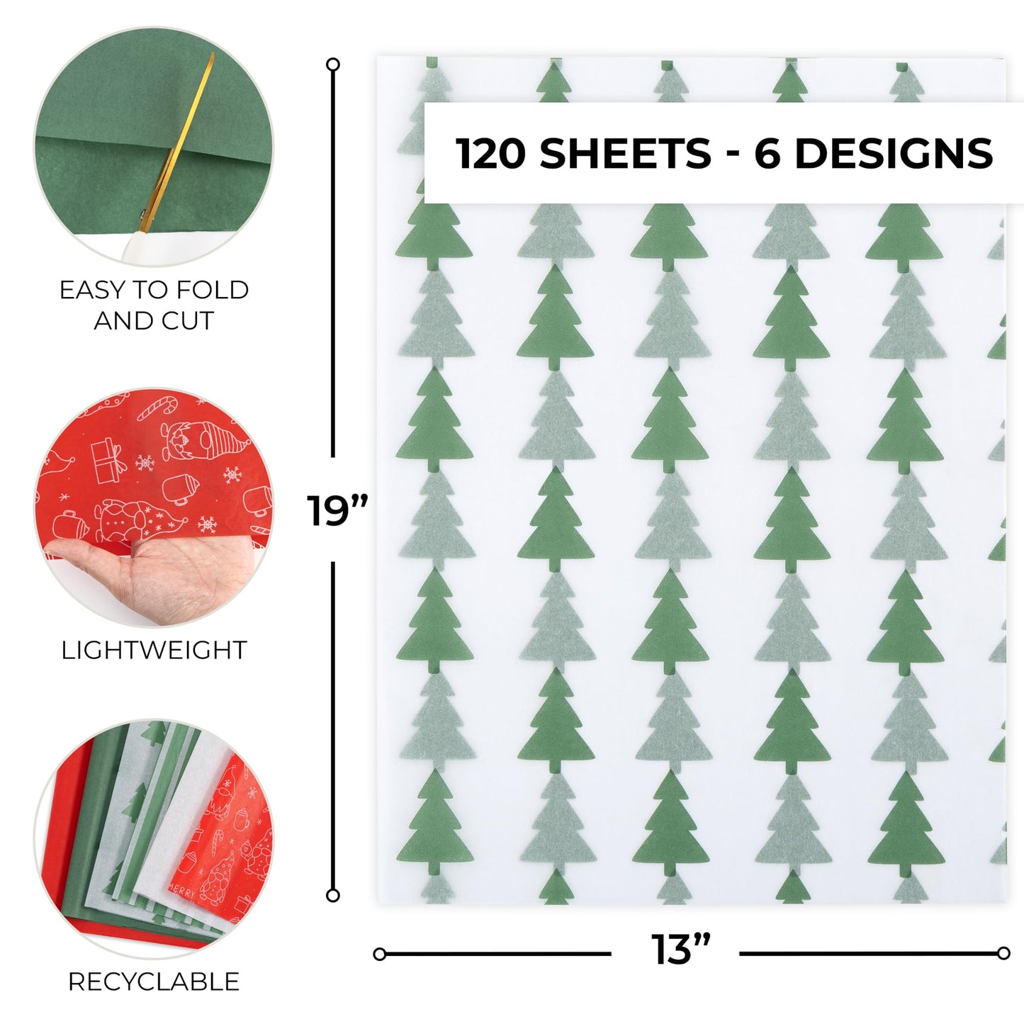 ZICOTO Beautiful Christmas Tissue Wrapping Paper Sheets for Gift Bags - Set of 120 Quality Tissue Papers with 6 Festive Designs - Add a Touch of Magic to Every Gift You Wrap - 19 x 13 in Per Sheet