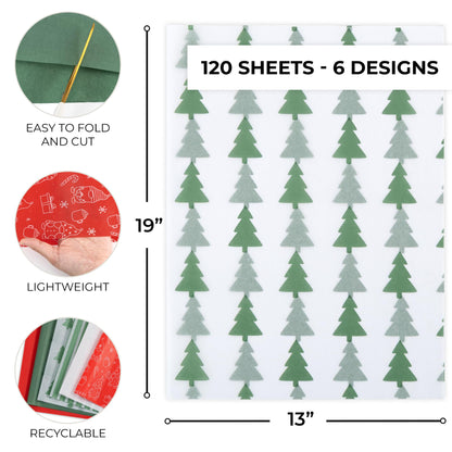 ZICOTO Beautiful Christmas Tissue Wrapping Paper Sheets for Gift Bags - Set of 120 Quality Tissue Papers with 6 Festive Designs - Add a Touch of Magic to Every Gift You Wrap - 19 x 13 in Per Sheet