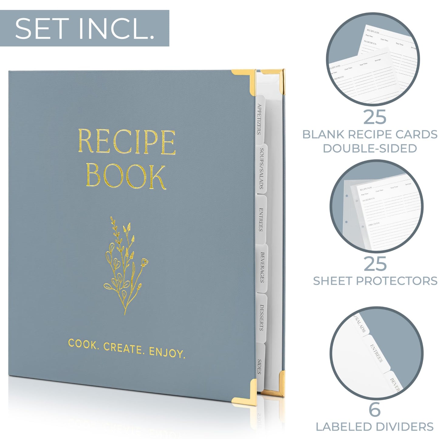 Aesthetic 8.5" x 11" Recipe Binder with Waterproof Cover - The Perfect Recipe Book with Plastic Sleeves to Write in Your Own Recipes - Quality Blank Cookbook Binder, Cards incl.