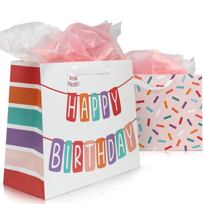 ZICOTO Beautiful Birthday Gift Bags Set of 2 - Large 16" Bags with Handles incl. Matching Tissue Paper, Cards & Stickers - Reusable and Perfect For Presents…