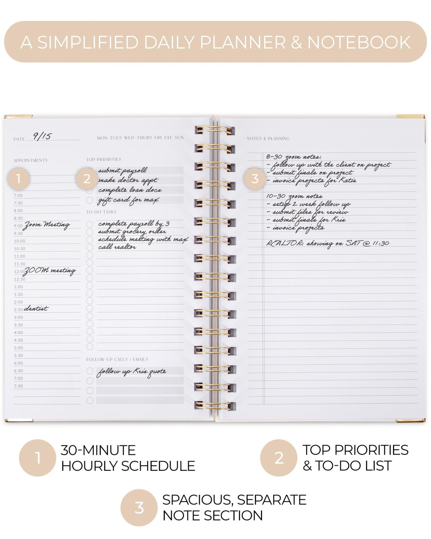 ZICOTO Aesthetic Daily Planner And Notebook With Hourly Schedule - Beautiful Spiral To do List Notepad For Work/Home to Organize Tasks And Appointments - Stylish School/Office Supplies Book For Women