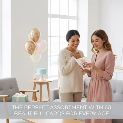 ZICOTO Beautiful Birthday Cards Set of 60 with Envelopes & Stickers - Tasteful Assorted Happy Birthday Cards Bulk For Women, Men & Kids - The Perfect Card Pack to Write Thoughtful Personal Greetings