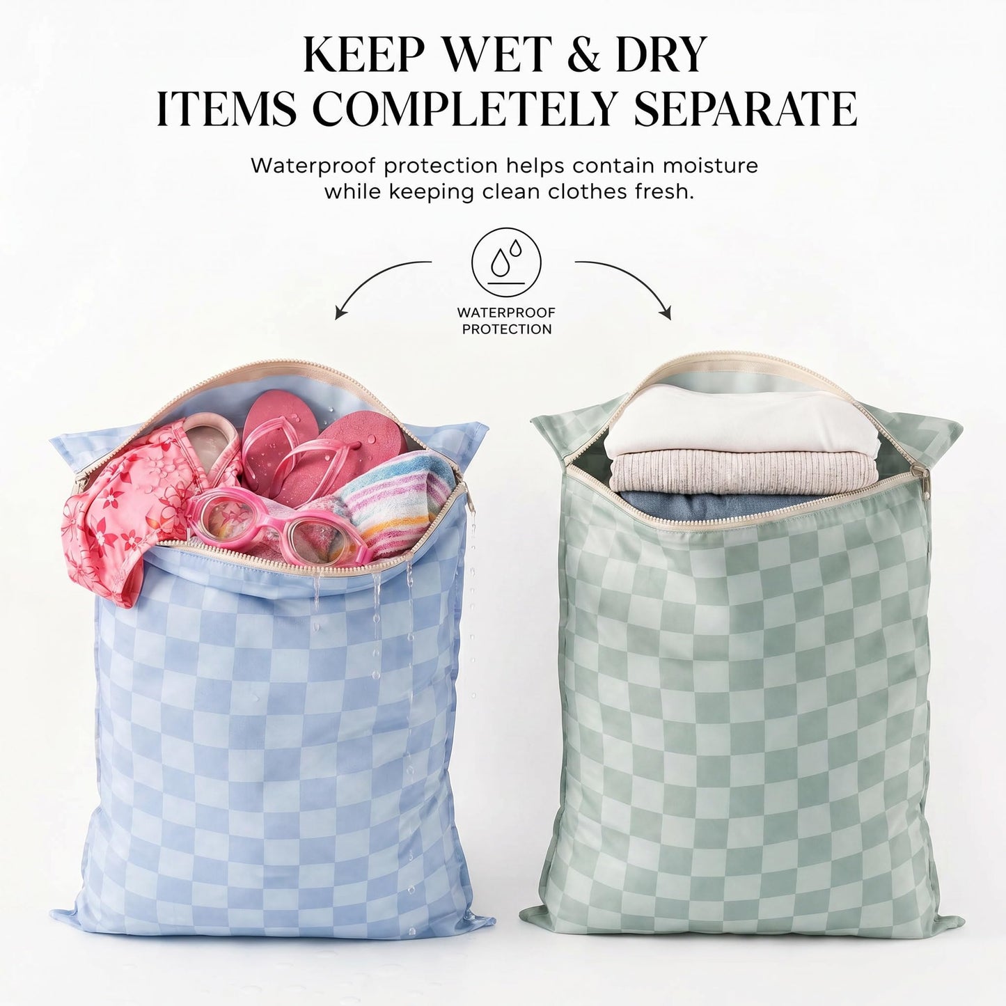 ZICOTO Stylish Travel Laundry Bags for Women - Set of 2 Waterproof Wet Bags, Ideal for Dirty Clothes, Wet Swimsuits and More - Charming Checkered Wet Dry Bag with Zipper and Handle for Beach and Pool