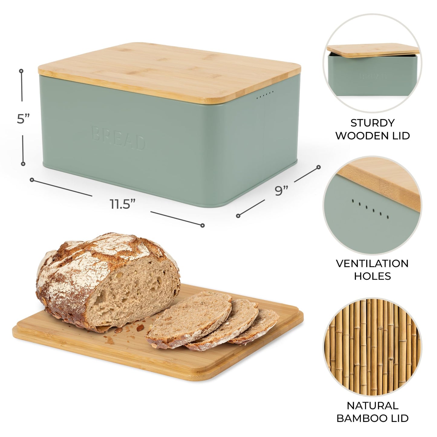 Beautiful Bread Box With Wooden Lid For Your Kitchen Countertop - Spacious Container Perfectly Stores Your Homemade Bread, English Muffins & Bagels - Quality Cutting Board Lid Keeps Bread Fresh