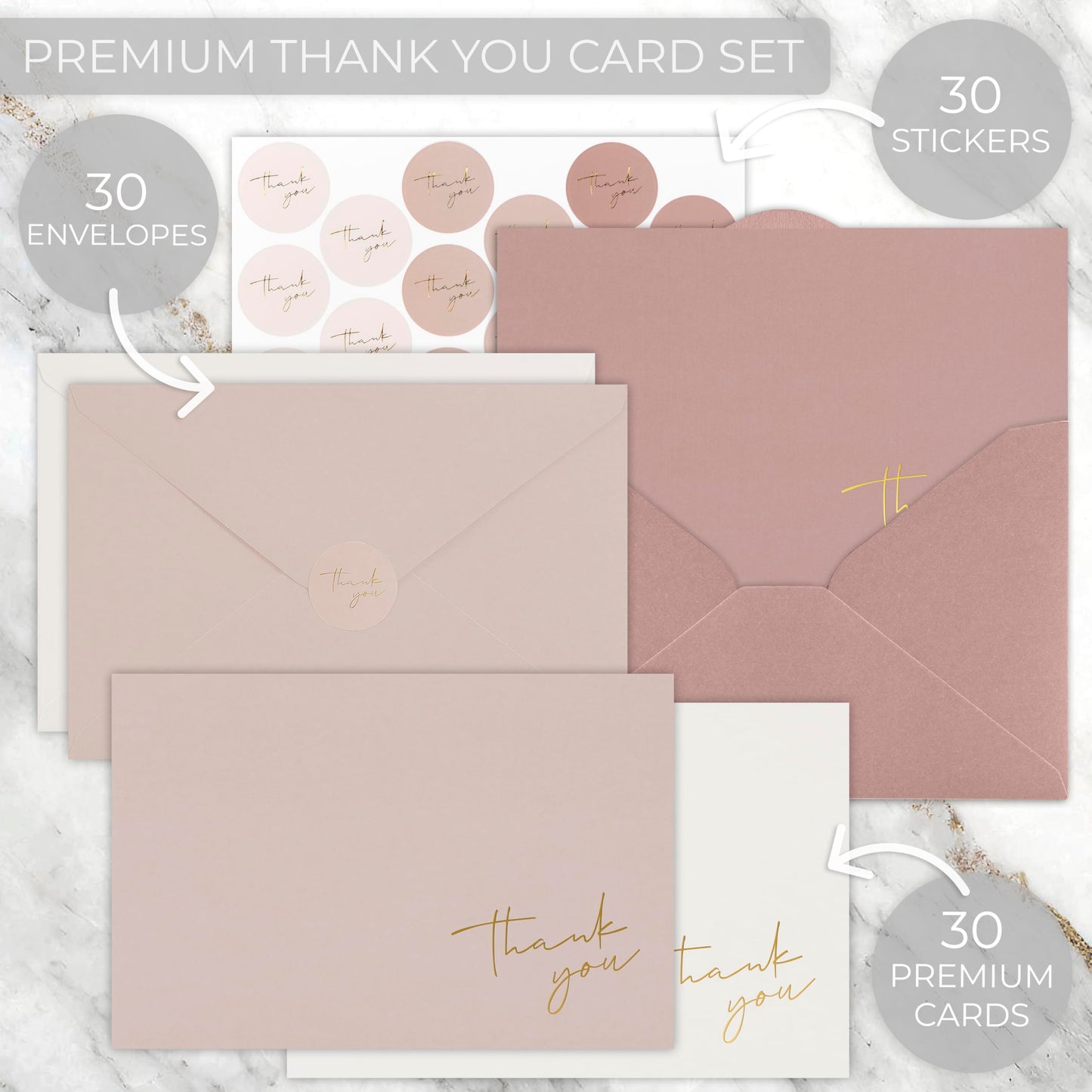 Beautiful Thank You Cards Set of 30 With Envelopes and Stickers - Elegant Blank Cards For Personalized Notes - Perfect Bulk Stationary Set For All Occasions incl. Weddings, Business & Baby Showers