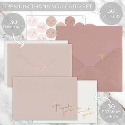 Beautiful Thank You Cards Set of 30 With Envelopes and Stickers - Elegant Blank Cards For Personalized Notes - Perfect Bulk Stationary Set For All Occasions incl. Weddings, Business & Baby Showers