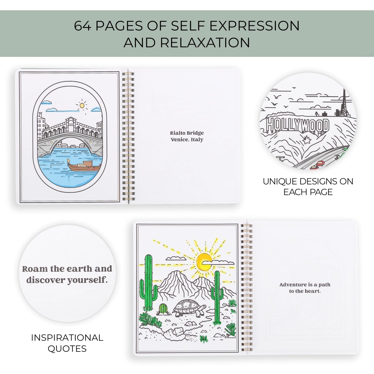 Beautiful Adult Coloring Book Set of 2 for Relaxation - Inspirational Adventures and Landmarks Scenery for The Spirit of Wanderlust - Perfect Stress-Relieving Gift for Women (Journeys & Cities, 2)