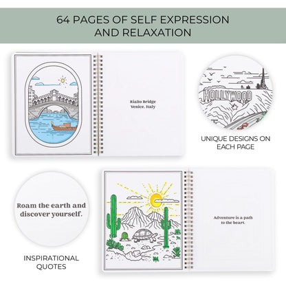 Beautiful Adult Coloring Book Set of 2 for Relaxation - Inspirational Adventures and Landmarks Scenery for The Spirit of Wanderlust - Perfect Stress-Relieving Gift for Women (Journeys & Cities, 2)