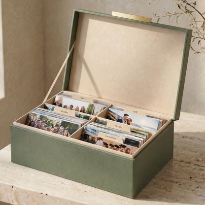 ZICOTO Decorative Photo Storage Box - Sturdy Linen Photo Organizer with Dividers is Perfect to Store Up to 1200 Pictures and 4x6 Photos - Portable Scrapbook Storage Containers with Lid