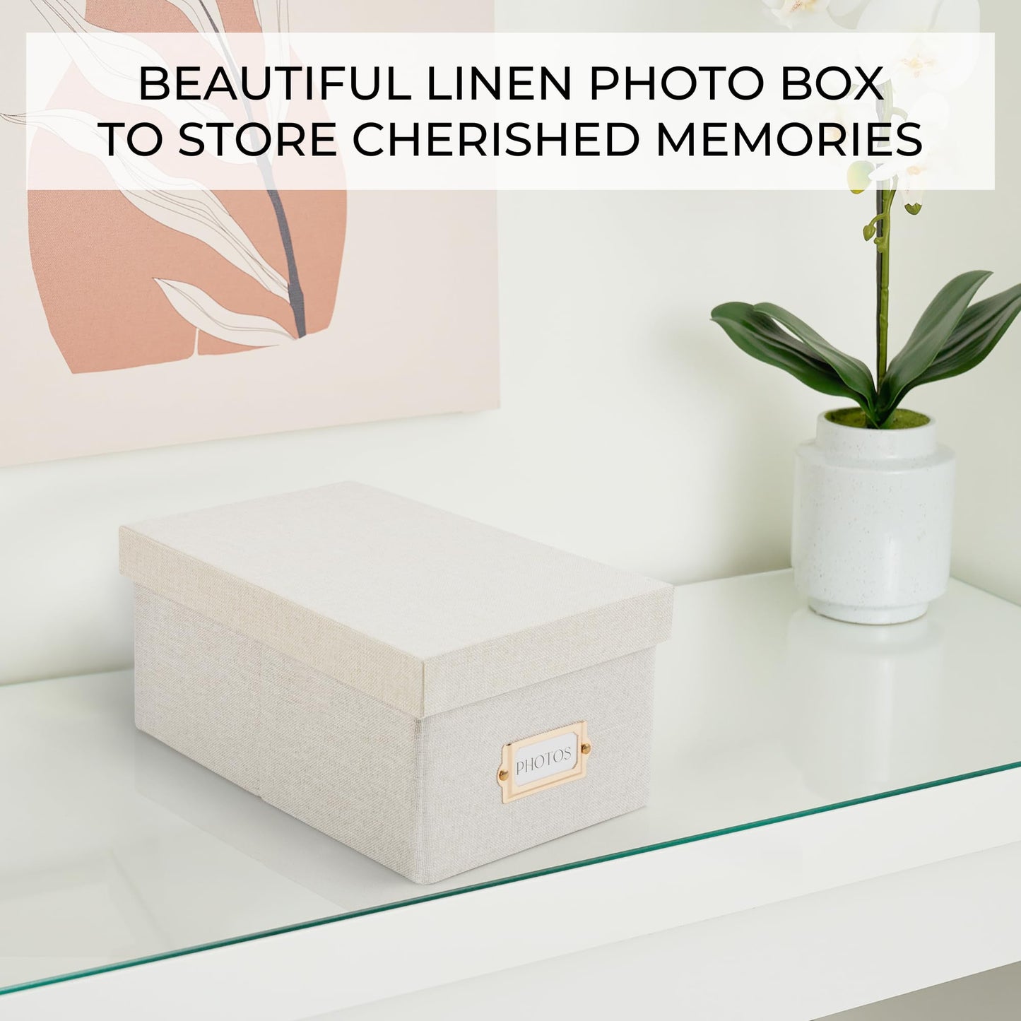 Decorative Photo Storage Box - Sturdy Linen Photo Organizer with Dividers - Stores Up to 850 4x6 Photos - Portable Scrapbook Storage Container with Lid
