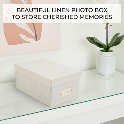 Decorative Photo Storage Box - Sturdy Linen Photo Organizer with Dividers - Stores Up to 850 4x6 Photos - Portable Scrapbook Storage Container with Lid