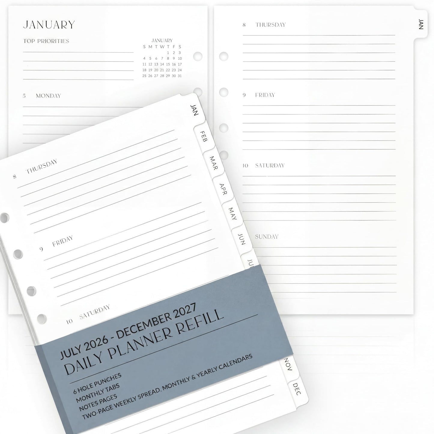 Beautiful 2026-2027 Daily Planner A5 Inserts for 6 Ring Binders - Durable Paper Refill Set 5.5" x 8.3" - Refills for Notebook Incl. Tabs & Monthly Calendar Spreads - From July 2026 - December 2027