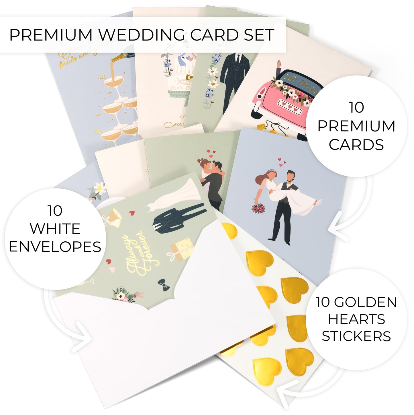 ZICOTO Beautiful Wedding Cards Set of 10 with Envelopes and Stickers - Elegant Blank Engagement Cards for Personalized Congratulations Wishes - Perfect for Wedding Shower Gifts for the Bride & Groom