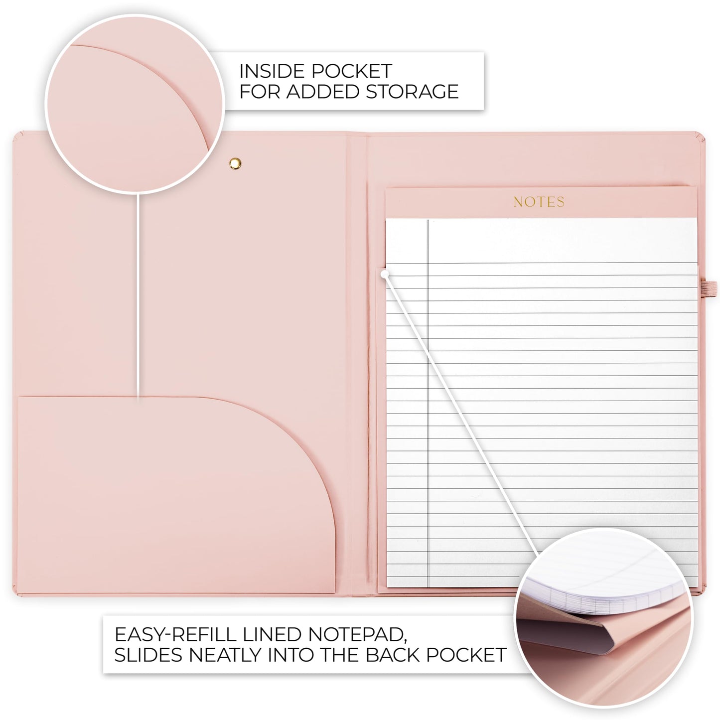 Aesthetic Clipboard Folio with Refillable Lined Notepad & Interior Pocket - Cute Padfolio/Legal Pad Holder for Women - Easily Organize Notes at Work, School, or Home