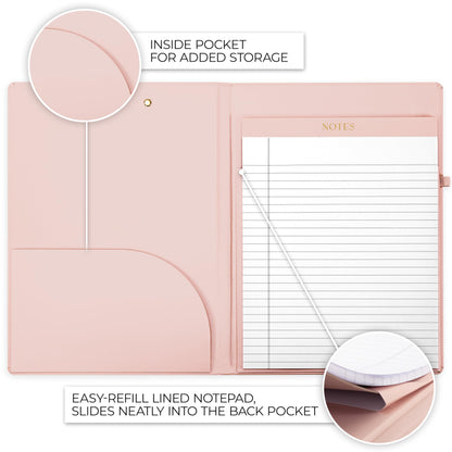 Aesthetic Clipboard Folio with Refillable Lined Notepad & Interior Pocket - Cute Padfolio/Legal Pad Holder for Women - Easily Organize Notes at Work, School, or Home