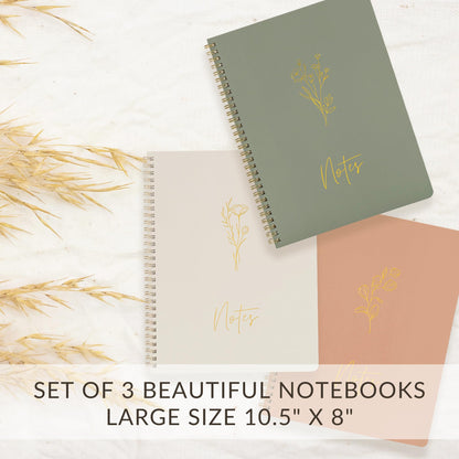 ZICOTO Aesthetic Spiral Notebook Set of 3 For Women 10.5 x 8 - Large College Ruled Journal/Notebook with Large Pockets And Lined Pages - Perfect Supplies to Stay Organized at Work or School