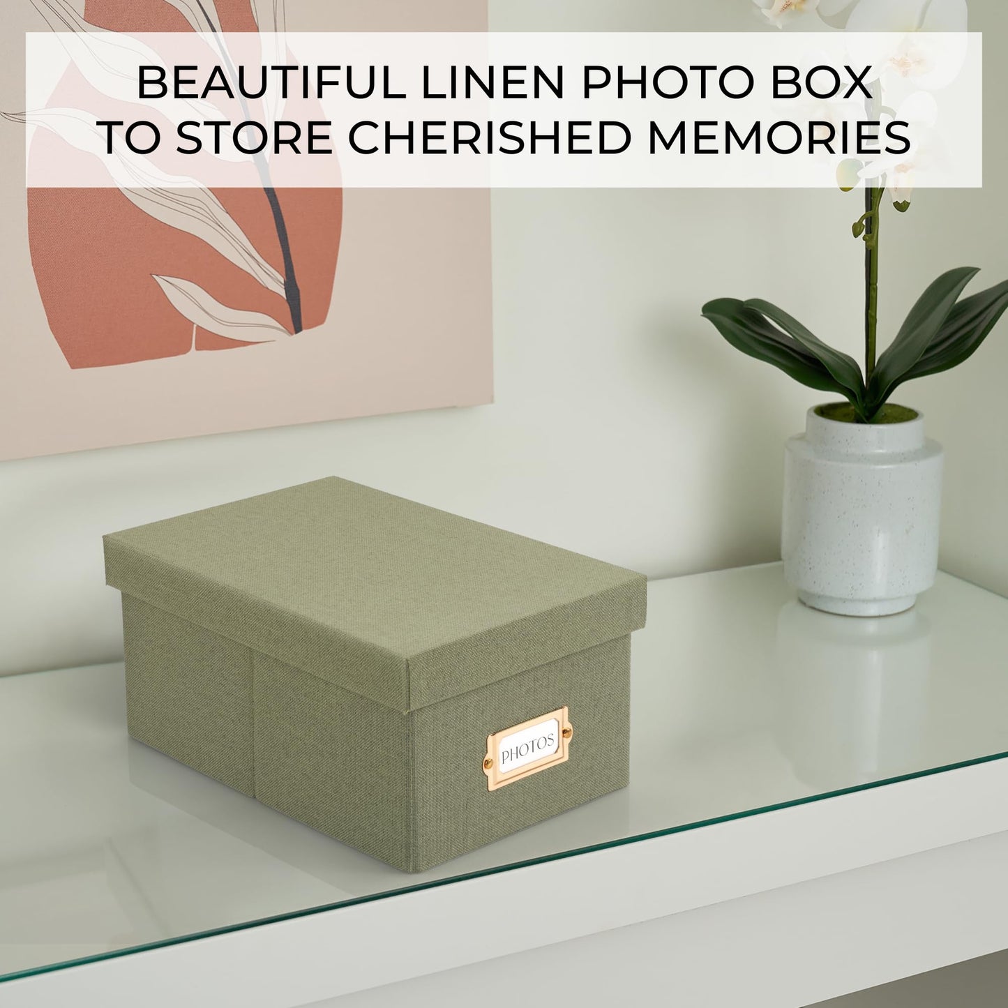 Decorative Photo Storage Box - Sturdy Linen Photo Organizer with Dividers - Stores Up to 850 4x6 Photos - Portable Scrapbook Storage Container with Lid