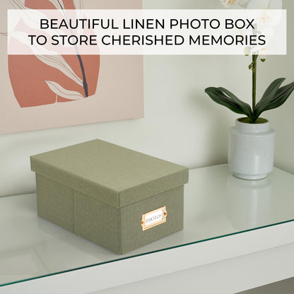 Decorative Photo Storage Box - Sturdy Linen Photo Organizer with Dividers - Stores Up to 850 4x6 Photos - Portable Scrapbook Storage Container with Lid